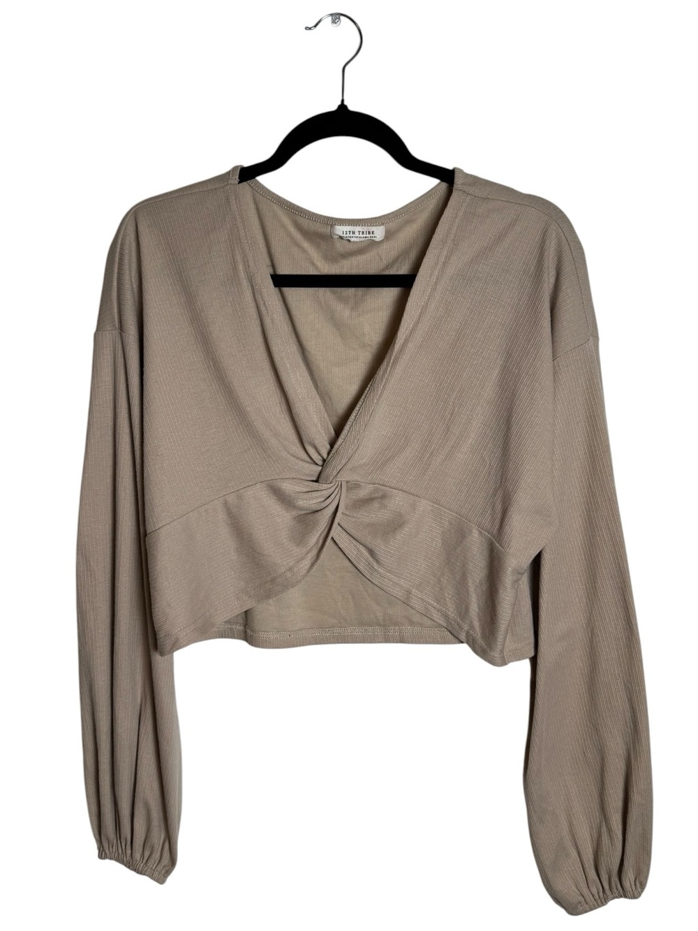 12th Tribe Taupe Twist-Front Ribbed Long Sleeve Crop Top S/M
